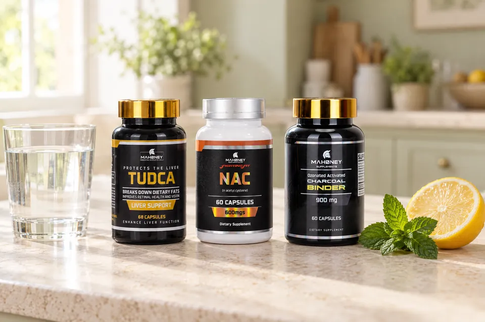 TUDCA, NAC and Activated Charcoal on a pale stone worktop with a glass of water, mint and lemon