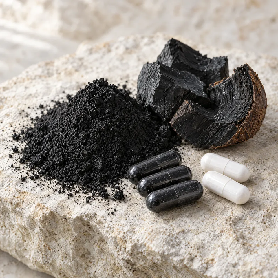Activated charcoal powder and capsules on pale stone