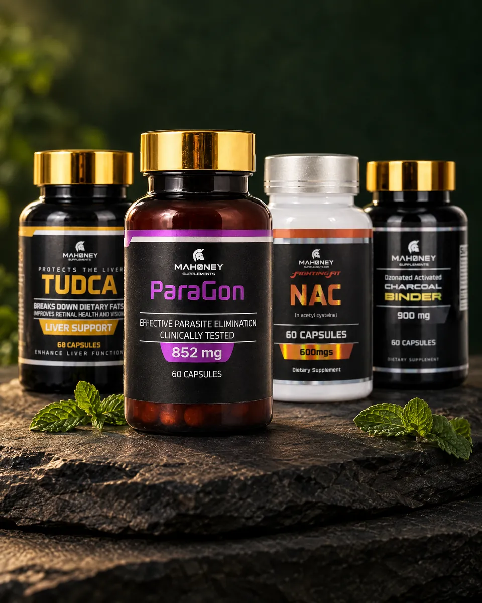 Paragon by Mahoney Supplements in front of TUDCA, NAC and Activated Charcoal
