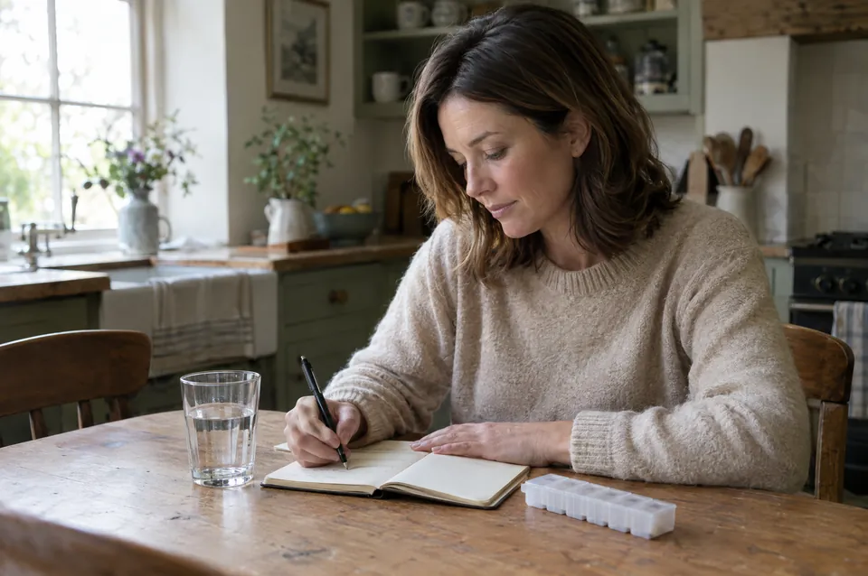A woman at a kitchen table writing her daily routine in a notebook beside a glass of water
