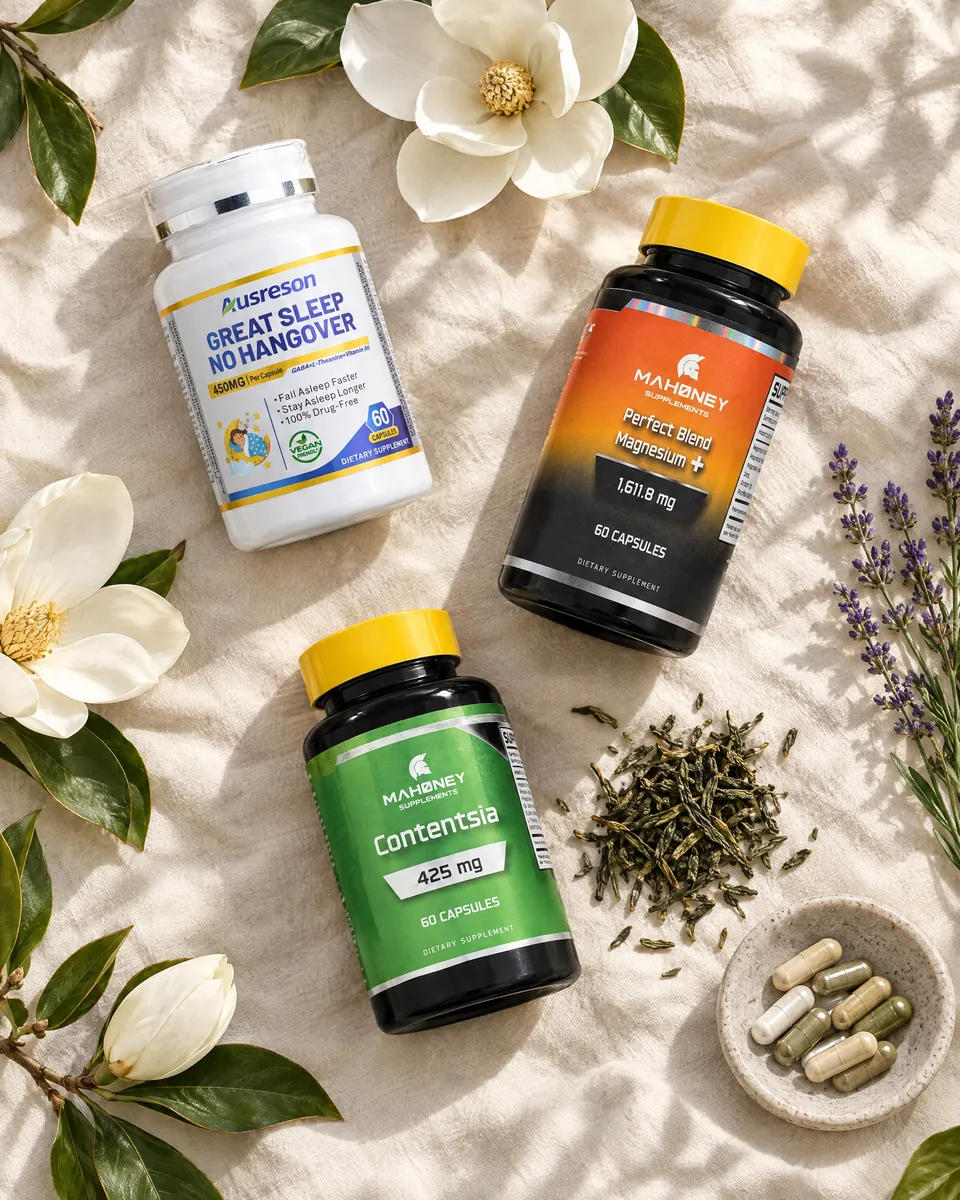 The three Sleep Protocol products on cream linen with magnolia flowers, tea leaves and lavender