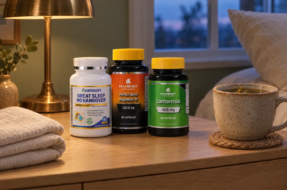 Great Sleep No Hangover, Perfect Blend Magnesium and Contentsia on a bedside table in warm lamplight