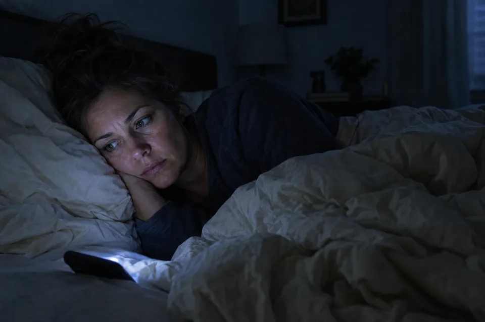 A woman lying awake in bed at night, lit by her phone screen