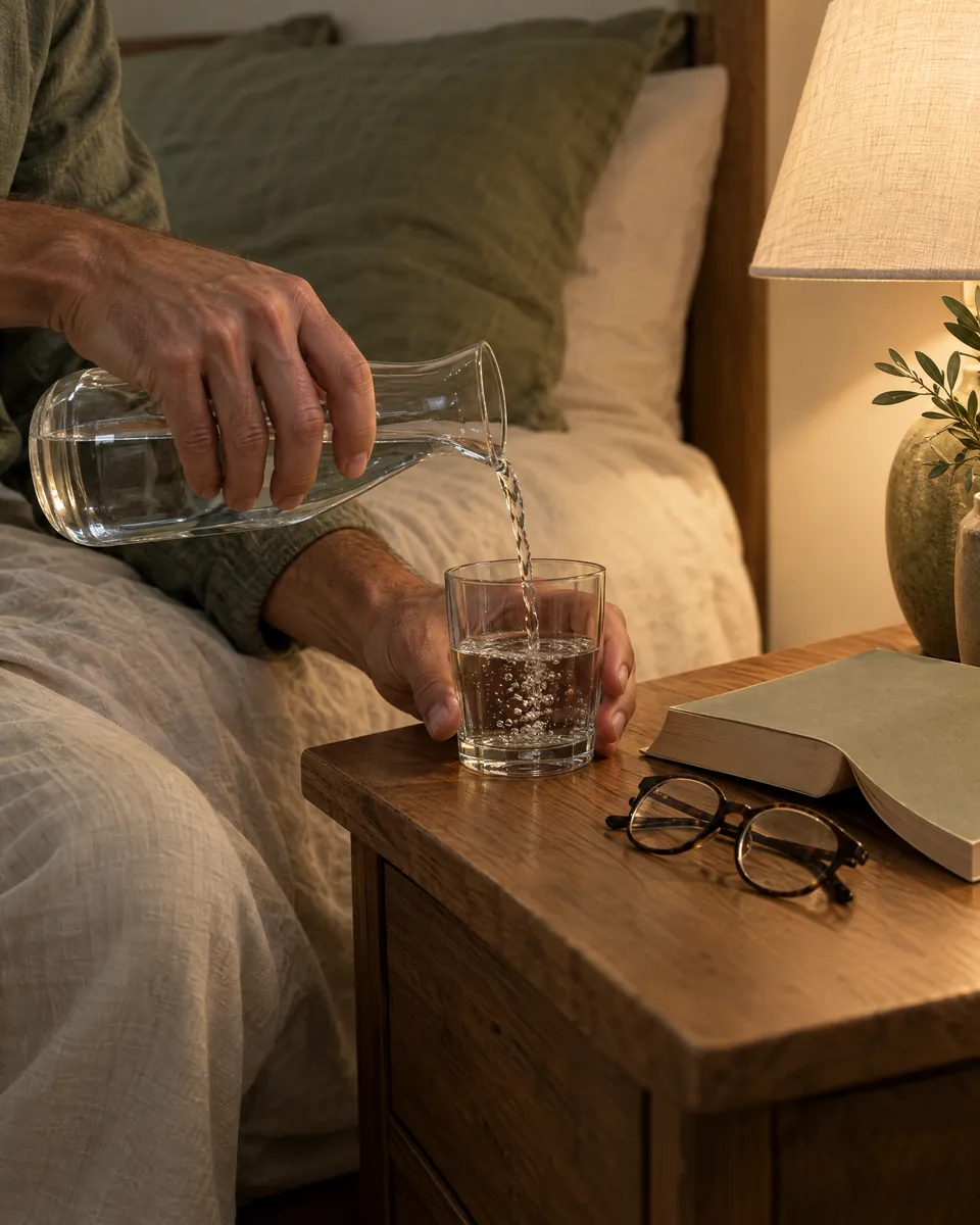 Pouring a glass of water on a bedside table beside an open book