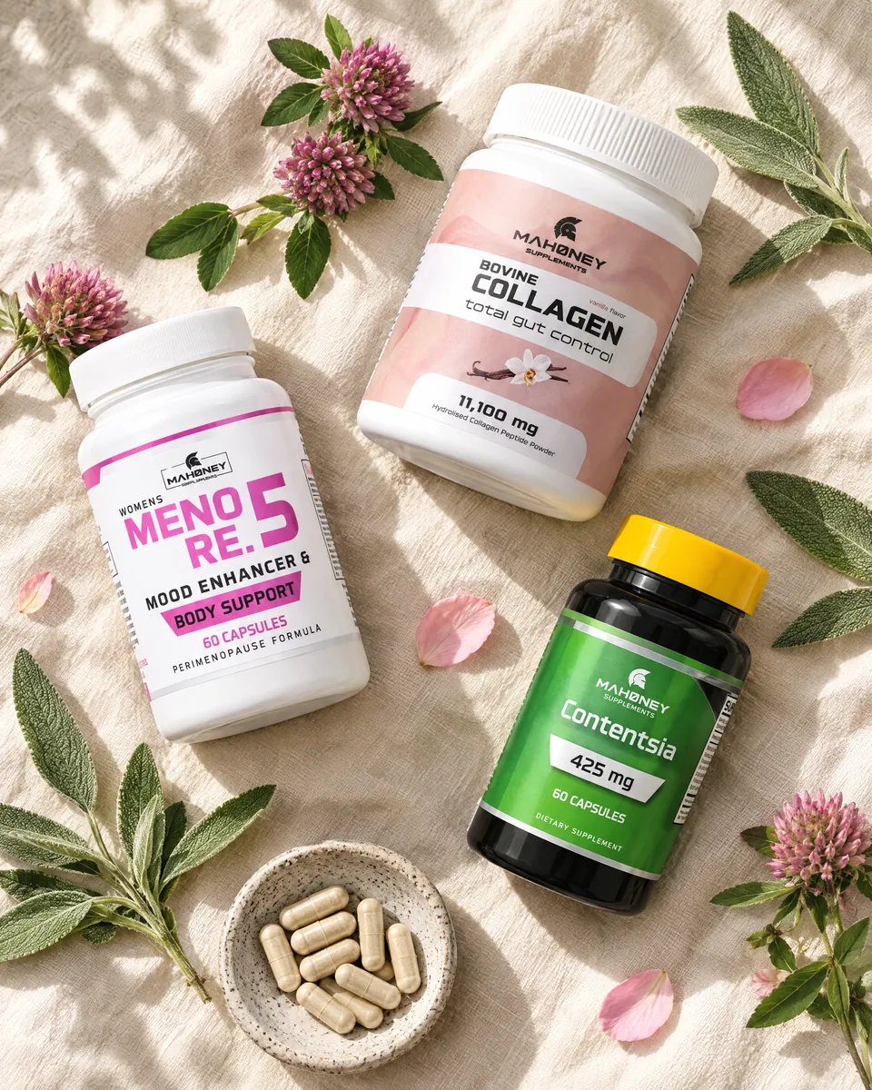 The three Women’s Health products on linen with red clover and sage