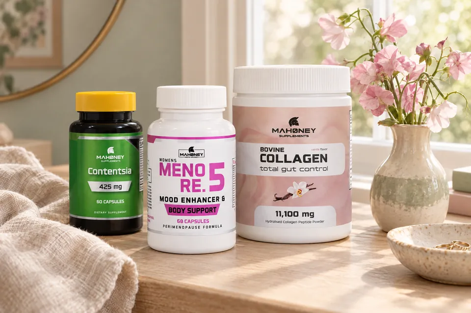 Women’s Meno Re.5, Bovine Collagen and Contentsia on a dressing table with flowers