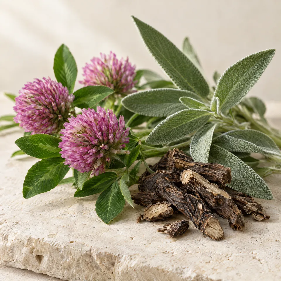 Red clover flowers, sage leaves and black cohosh root on stone