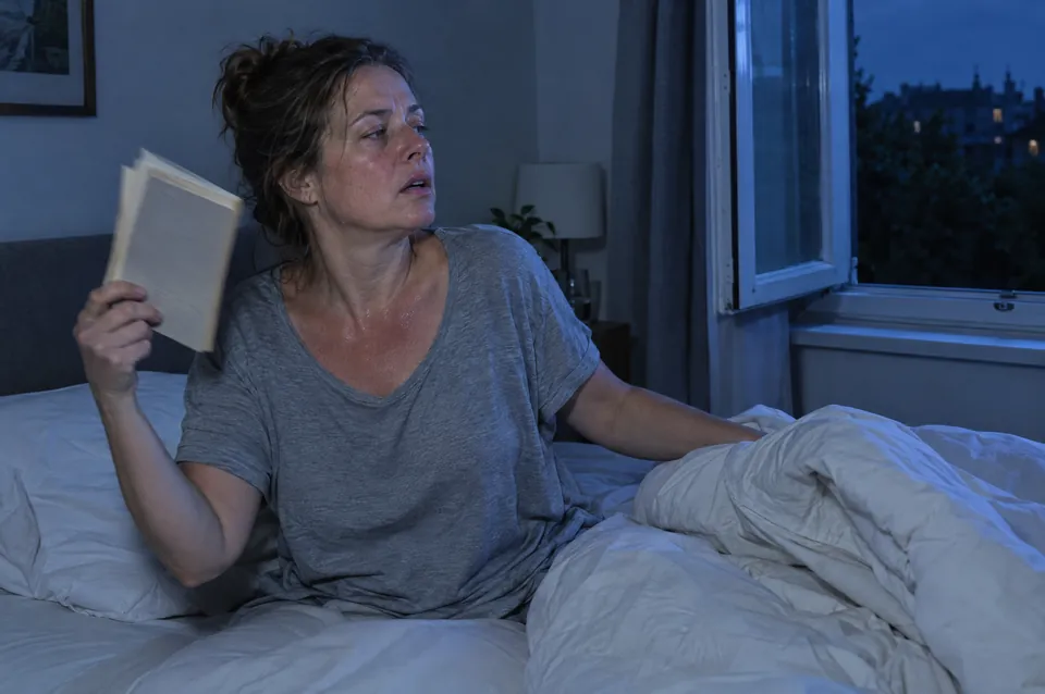 A woman in her early fifties by an open window at night
